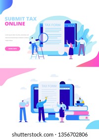 Online tax payment concept. Submit tax online. People filling tax form. Flat vector illustration for web. 