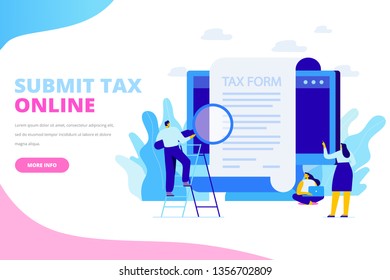 Online tax payment concept. Submit tax online. People filling tax form. Flat vector illustration for web. 