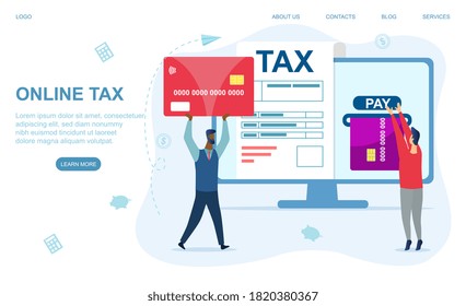 Online tax payment concept. Tiny people paying taxes using a special form on the website of the tax service. Flat abstract colorful vector illustration