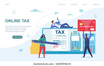 Online tax payment concept. Tiny multiracial men and woman paying taxes using a special form on the website of the tax service. Flat abstract colorful vector illustration