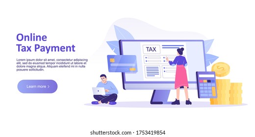 Online Tax Payment Concept. Young people filling application for Tax Form Statement. Online Tax Submitting System. Landing or Homepage Template. Isolated modern vector illustration for web banner