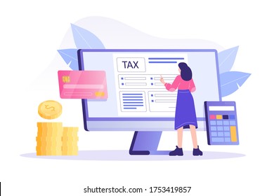 Online Tax Payment Concept. Young woman filling application for tax form. Online tax submitting system. Calculating payment check. Isolated modern vector illustration for web, banner, flyer, poster