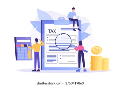 Online Tax Payment Concept. Young people filling application for tax form. Online tax submitting system. Calculating payment check. Isolated modern vector illustration for web, banner, flyer, poster