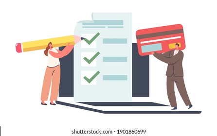 Online Tax Payment Concept. Young Woman Filling Application for Tax Form. Man with Bank Card at Huge Laptop. Tiny Characters Calculating Payment or Finance Report. Cartoon People Vector Illustration