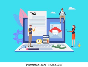 Online Tax payment. Filling tax form. Business concept. People vector illustration. Flat cartoon character graphic design. Landing page template,banner,flyer,poster,web page