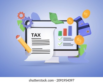 Online Tax payment. Filling tax form. Calendar show Tax Payment Date. Accounting and Financial Management Concept. 3D Web Vector Illustrations. Business analysis, content strategy and management.