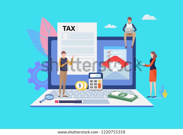 Online Tax payment.\
Filling tax form. Business concept. People vector illustration.\
Flat cartoon character graphic design. Landing page\
template,banner,flyer,poster,web\
page