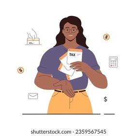 Online tax payment. Government taxation concept. Tax calculation, making income tax return. Personal financial account. Woman holding in her hand web pages forms for payment. Cartoon flat vector