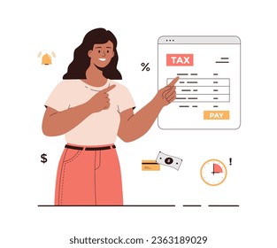 Online tax payment. Government taxation concept. Tax calculation, making income tax return. Personal financial account. Woman pay tax bill online on the website form. Cartoon flat vector illustration.