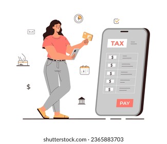 Pago de impuestos en línea. Impuestos del gobierno. Mujer paga la factura de impuestos a través del smartphone. Pagos, transferencias y transacciones en línea remotos. Dibujo vectorial plano de dibujos animados.	
