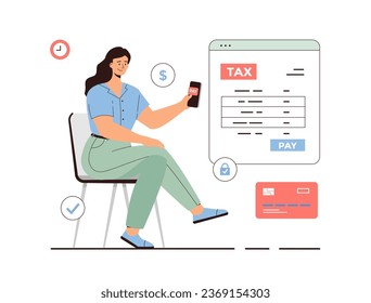 Online tax payment. Government taxation concept. Tax calculation, making income tax return. Personal financial account. Woman pay tax bill online on the website form. Cartoon flat vector illustration.