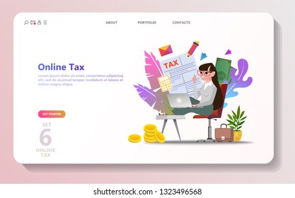 Online tax payment. People filling tax form. Flat isometric concept of online bill payment, shopping, banking, accounting Can use for template, landing page, ui, web, mobile app, poster, banner, flyer