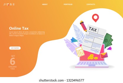 Online tax payment. People filling tax form. Flat isometric concept of online bill payment, shopping, banking, accounting Can use for template, landing page, ui, web, mobile app, poster, banner, flyer