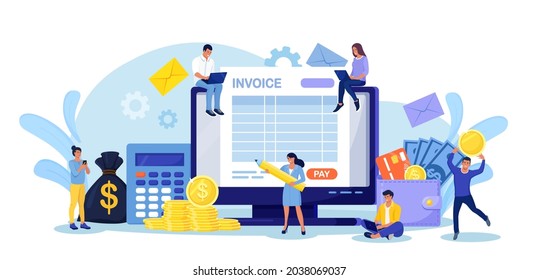 Online Tax Payment. People Filling Application for Tax Form. Tiny Characters with Computer Calculating Payment or Finance Report. Electronic Payment of Invoice, Digital Receipt, Online Banking