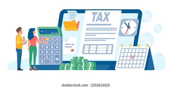 Online tax payment. People filling out duty forms. Persons use internet service for money pay. Financial account. Calculator and laptop. Banknotes heap. Credit deadline