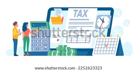 Online tax payment. People filling out duty forms. Persons use internet service for money pay. Financial account. Calculator and laptop. Banknotes heap. Credit deadline