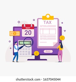 online tax payment service through computers and mobile phones design 
concept with tiny people vector illustration