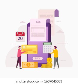 online tax payment service through computers and mobile phones design 
concept with tiny people vector illustration