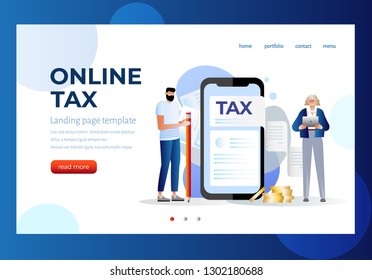 Online tax payment vector illustration concept, people filling tax form, can use for landing page template, ui, web, mobile app, poster, banner, flyer. Character design