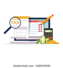 Online tax payment vector illustration concept, people filling tax form, can use for, landing page, template, ui, web, mobile app, poster, banner, flyer - Vector