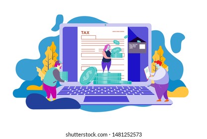 Online Tax Payment Vector Illustration Concept, People Filling Tax Form, People Submit Digital Tax Via Website , Can Use For, Landing Page, Template, Ui, Web, Homepage, Poster, Banner, Flyer.
