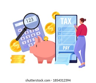 Online tax payment vector illustration with woman, smartphone screen, coins, dollars, piggy bank, calculator. Finance budget planning and accounting concept. Online tax and audit banner with magnifier