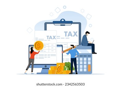 Online Tax Payment Vector Illustration Concept, person filling tax form, person submitting tax digitally via website, Suitable for web landing page, ui, mobile app, flyer, banner, etc.