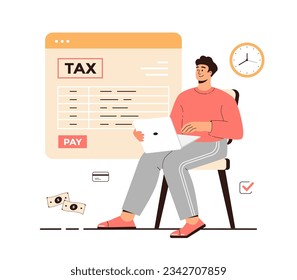 Online tax payment vector illustration. Tax calculation, making income tax return. Personal financial account. Young man pay bills online on the website form via laptop.	
