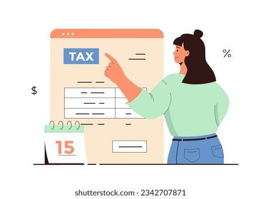 Online tax payment vector illustration. Government taxation concept. Tax calculation, making income tax return. Personal financial account. Young woman pay tax bills online on the website form.