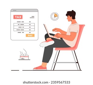 Online tax payment vector illustration. Tax calculation, making income tax return. Personal financial account. Young man pay bills online on the website form via laptop.	
