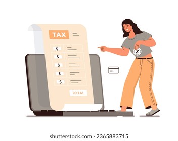 Online tax payment vector illustration. Government taxation concept. Tax calculation, making income tax return. Personal financial account. Woman pay tax bills online on the website form via laptop.