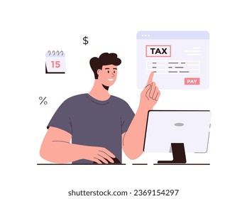 Online tax payment vector illustration. Tax calculation, making income tax return. Personal financial account. Young man pay bills online on the website form via computer.	
