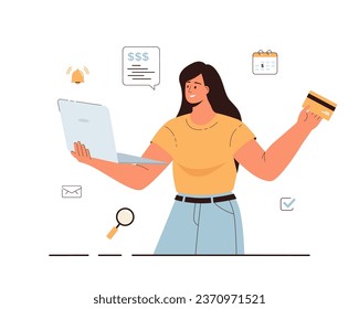 Online tax payment vector illustration. Government taxation concept. Data analysis, paperwork, financial research, report. Young woman pay tax bills online on the website form via laptop.