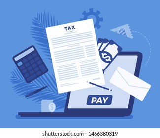 Online Tax Payment Via Laptop. Direct Service For Taxpayer With Net-banking Account, Financial Technology And Business Option For Income Calculation To Simplify. Vector Flat Style Cartoon Illustration