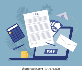 Online Tax Payment Via Laptop. Direct Service For Taxpayer With Net-banking Account, Financial Technology And Business Option For Income Calculation To Simplify. Vector Flat Style Cartoon Illustration