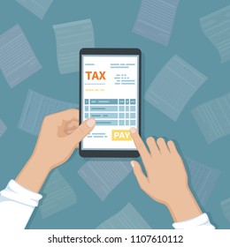 Online tax payment via phone. Man holding a mobile phone with tax form on screen and pay button. Internet banking concept. Online paying, bookkeeping, accounting. Vector illustration