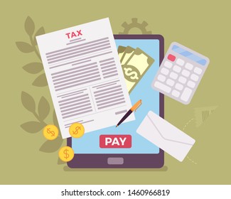 Online tax payment via tablet. Electronic service for taxpayers to pay individual income and business taxes, convenience e-Payment facilitates, mobile system. Vector flat style cartoon illustration