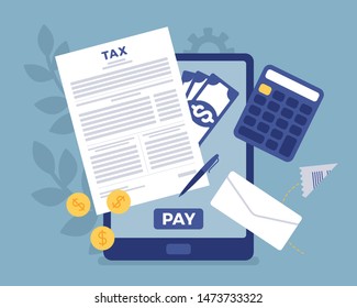 Online tax payment via tablet. Electronic service for taxpayers to pay individual income and business taxes, convenience e-Payment facilitates, mobile system. Vector flat style cartoon illustration