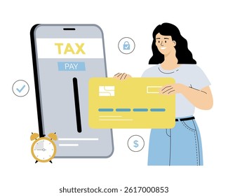 Online tax payment. Woman with credit card pay tax via smartphone. Remote online payments, transfers and transactions. Vector illustration on isolated white background.	
