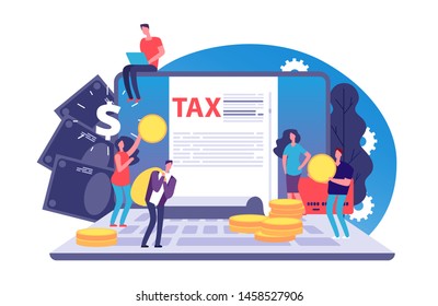 Online tax vector concept. Tax form and tiny people with money on notebook. Bill payment online. Illustration of tax online, financial accounting computer