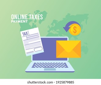 online taxes payment with documents in laptop vector illustration design