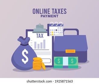 pago de impuestos en línea con documentos y diseño de ilustraciones vectoriales de dinero