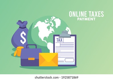 online taxes payment with money and documents in earth planet vector illustration design