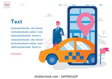 Online taxi app , businessman order taxi delivery, Vector illustration for web banner, infographics, mobile.  people use taxi app. 