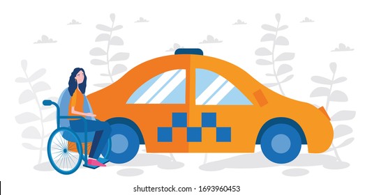 Online-Taxi-App für Behinderte auf Rollstuhl, Taxi-Lieferung, Vektorillustration-Illustration für Web-Banner, Infografiken, Handy.  Leute benutzen Taxi-App. 