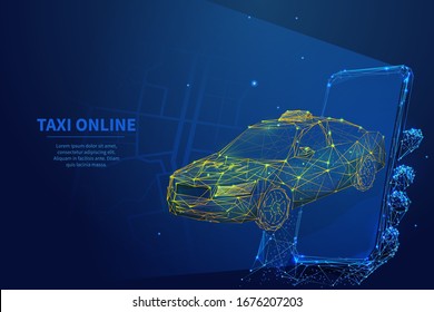 Online taxi app vector illustration. Yellow car taxi leaves from the screen of your smartphone. Low poly wireframe digital graphic. Abstract phone in a hand with car. 