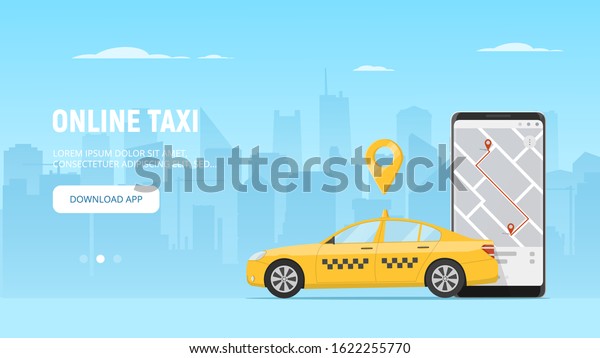 Online taxi app web banner template. Taxi service.\
Car taxi and phone with geo location on display on cityscape\
background. Modern city life. Сommercial transport. Vector\
illustration in flat\
style.