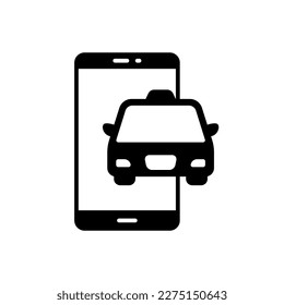 Online taxi application icon using a smartphone with a car in black solid style