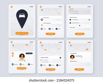 Online Taxi Booking App UI, UX Or Template Design In Six Options.