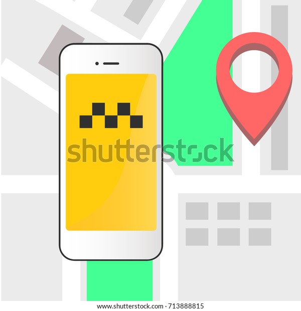 Online taxi booking. Phone with map. Vector\
flat illustration